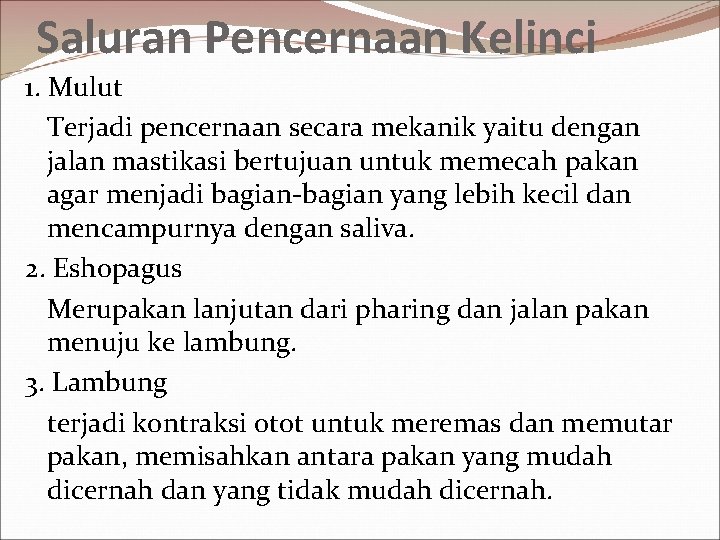 Saluran Pencernaan Kelinci 1. Mulut Terjadi pencernaan secara mekanik yaitu dengan jalan mastikasi bertujuan