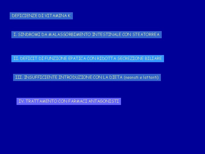 DEFICIENZE DI VITAMINA K I. SINDROMI DA MALASSORBIMENTO INTESTINALE CON STEATORREA II. DEFICIT DI