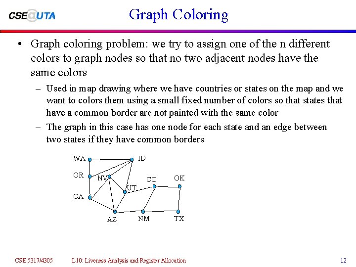 Graph Coloring • Graph coloring problem: we try to assign one of the n Graph Coloring • Graph coloring problem: we try to assign one of the n