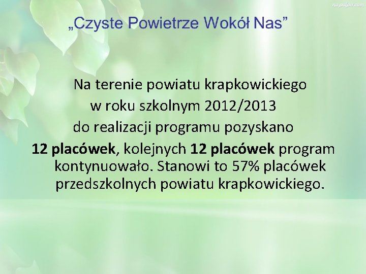 Na terenie powiatu krapkowickiego w roku szkolnym 2012/2013 do realizacji programu pozyskano 12 placówek,