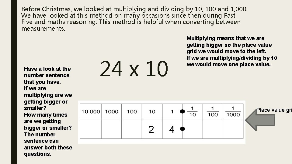 Before Christmas, we looked at multiplying and dividing by 10, 100 and 1, 000.