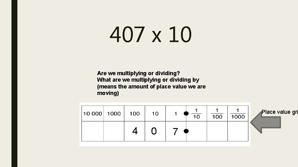 407 x 10 Are we multiplying or dividing? What are we multiplying or dividing