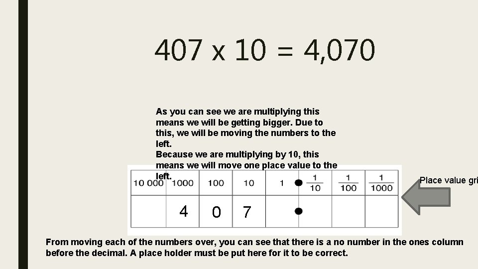 407 x 10 = 4, 070 As you can see we are multiplying this