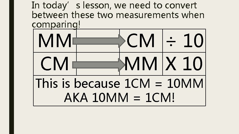 In today’s lesson, we need to convert between these two measurements when comparing! MM