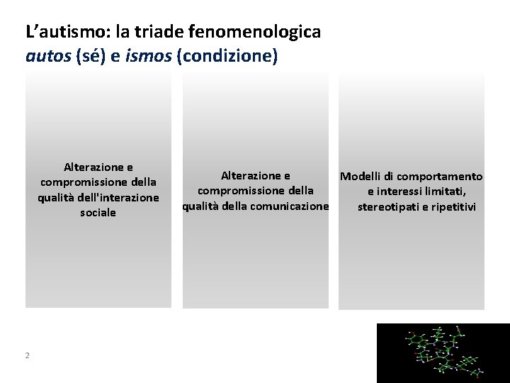 L’autismo: la triade fenomenologica autos (sé) e ismos (condizione) Alterazione e compromissione della qualità