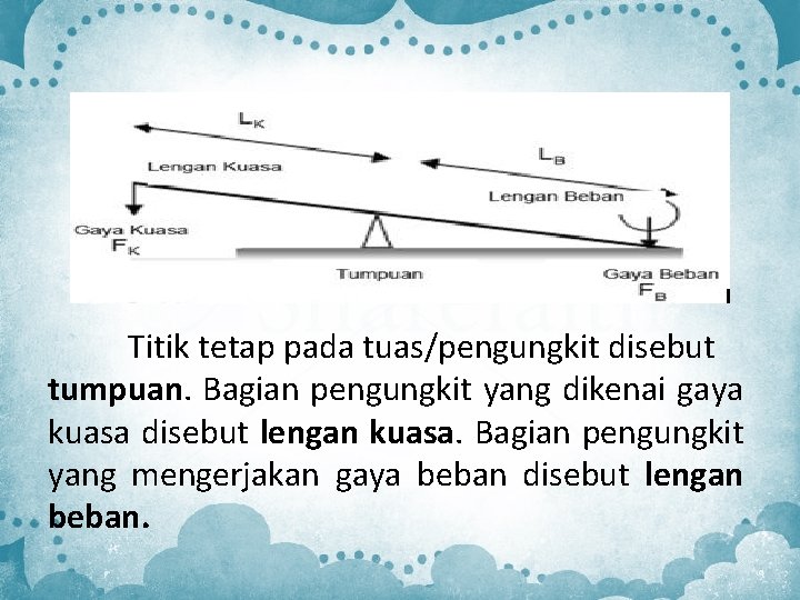 Titik tetap pada tuas/pengungkit disebut tumpuan. Bagian pengungkit yang dikenai gaya kuasa disebut lengan