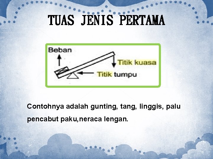 TUAS JENIS PERTAMA Contohnya adalah gunting, tang, linggis, palu pencabut paku, neraca lengan. 