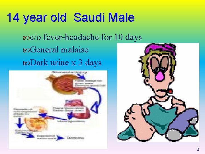 14 year old Saudi Male c/o fever-headache for 10 days General malaise Dark urine