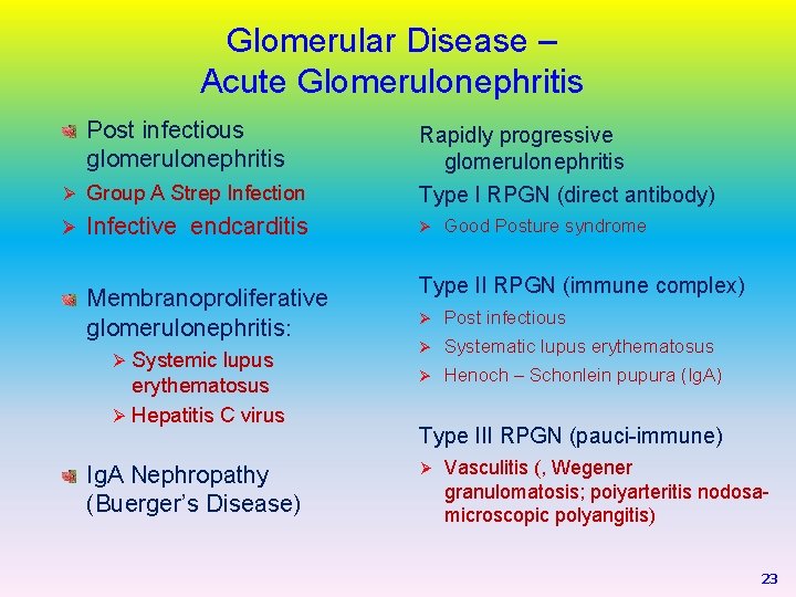 Glomerular Disease – Acute Glomerulonephritis Post infectious glomerulonephritis Rapidly progressive glomerulonephritis Ø Group A