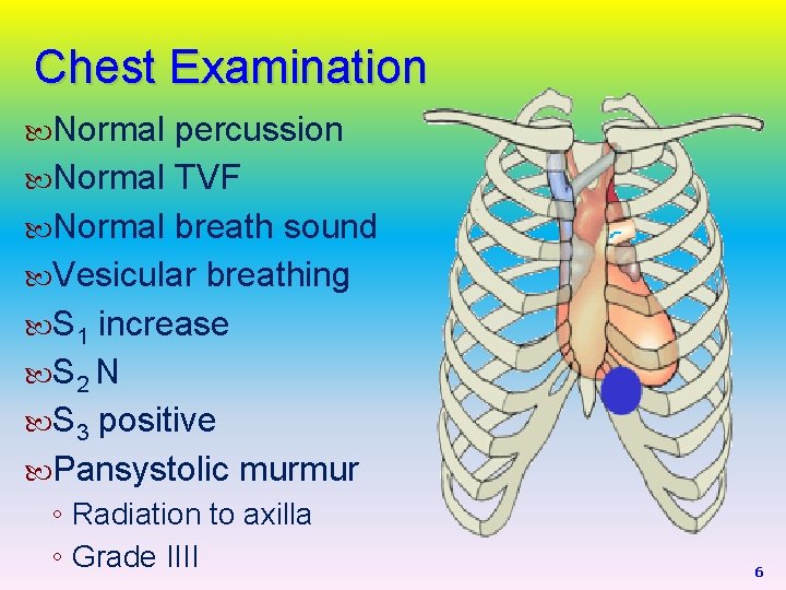 Chest Examination Normal percussion Normal TVF Normal breath sound Vesicular breathing S 1 increase