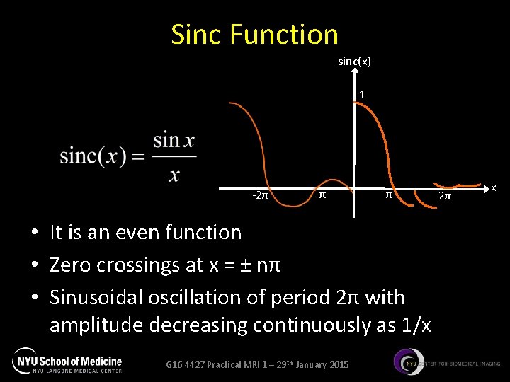 Sinc Function sinc(x) 1 -2π -π π • It is an even function •