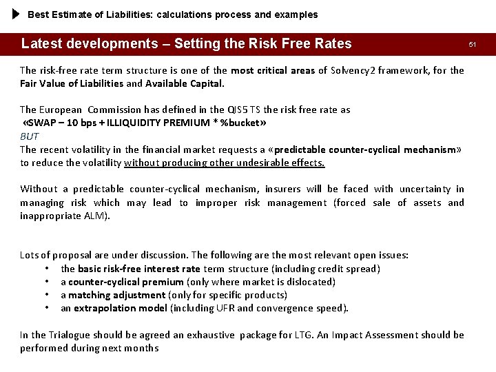 Best Estimate of Liabilities: calculations process and examples Latest developments – Setting the Risk