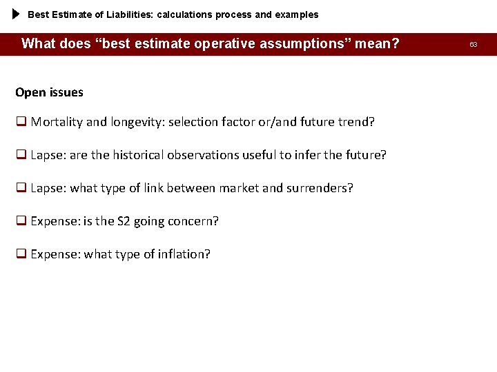 Best Estimate of Liabilities: calculations process and examples What does “best estimate operative assumptions”