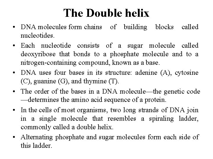 The Double helix • DNA molecules form chains of building blocks called nucleotides. •