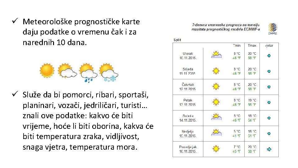 ü Meteorološke prognostičke karte daju podatke o vremenu čak i za narednih 10 dana.