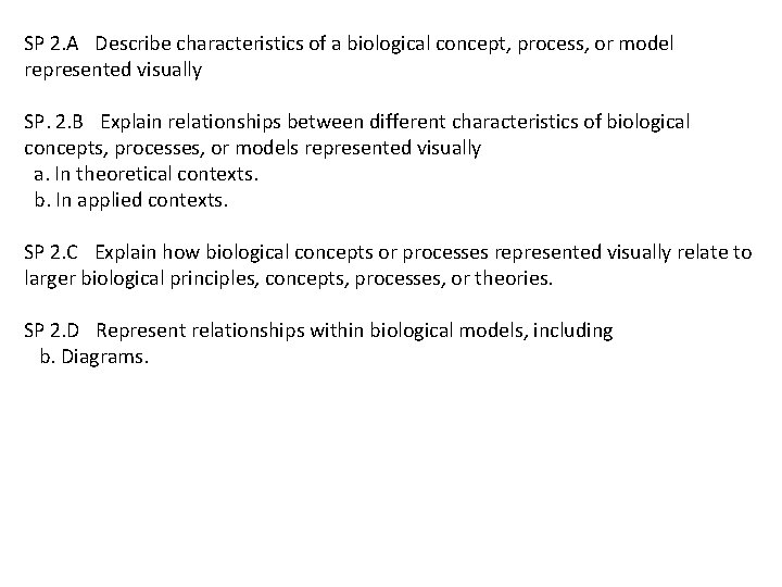 SP 2. A  Describe characteristics of a biological concept, process, or model represented visually