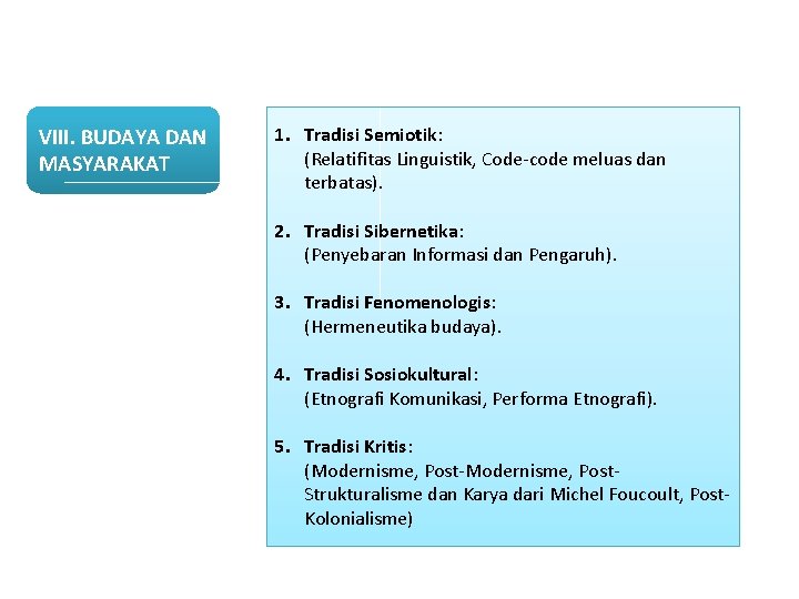 VIII. BUDAYA DAN MASYARAKAT 1. Tradisi Semiotik: (Relatifitas Linguistik, Code-code meluas dan terbatas). 2.