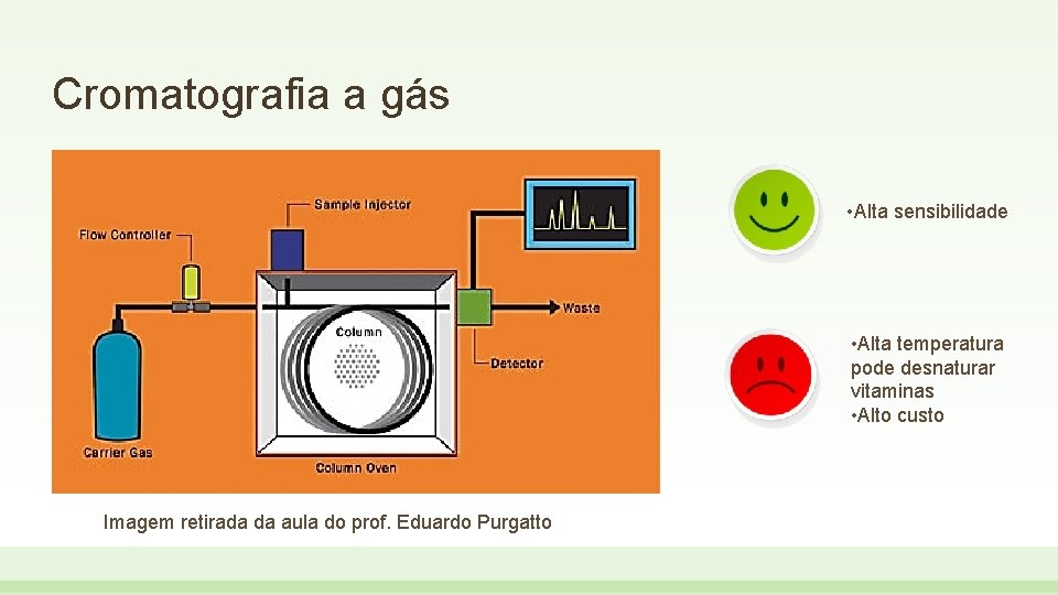 Cromatografia a gás • Alta sensibilidade • Alta temperatura pode desnaturar vitaminas • Alto