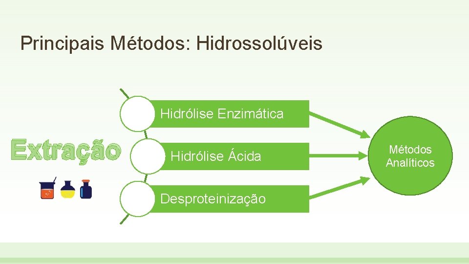 Principais Métodos: Hidrossolúveis Hidrólise Enzimática Extração Hidrólise Ácida Desproteinização Métodos Analíticos 