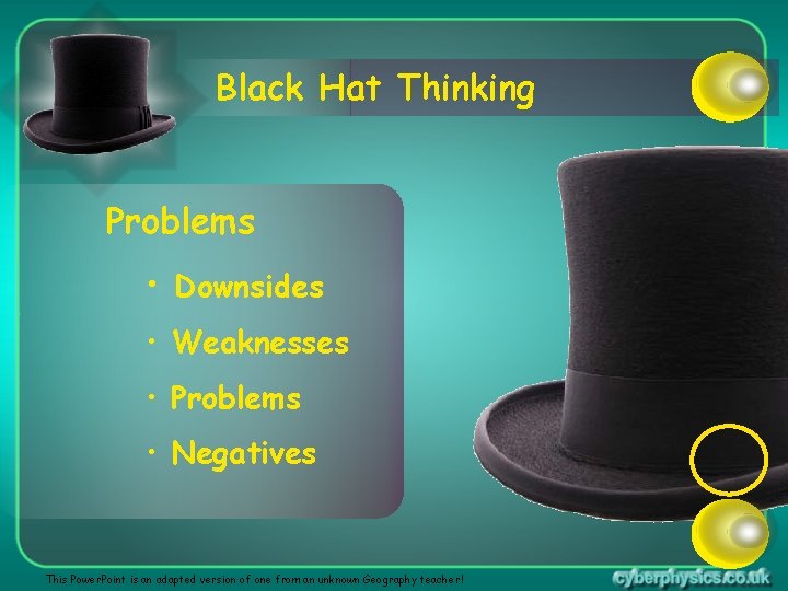 Black Hat Thinking Problems • Downsides • Weaknesses • Problems • Negatives This Power.
