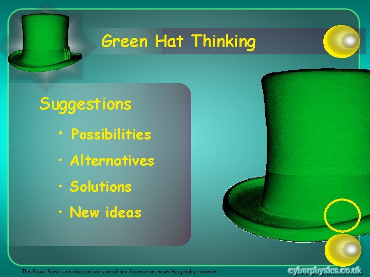 Green Hat Thinking Suggestions • Possibilities • Alternatives • Solutions • New ideas This