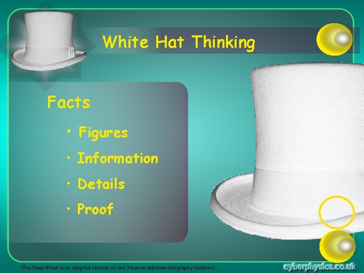 White Hat Thinking Facts • Figures • Information • Details • Proof This Power.