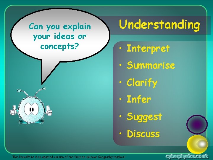 Can you explain your ideas or concepts? Understanding • Interpret • Summarise • Clarify