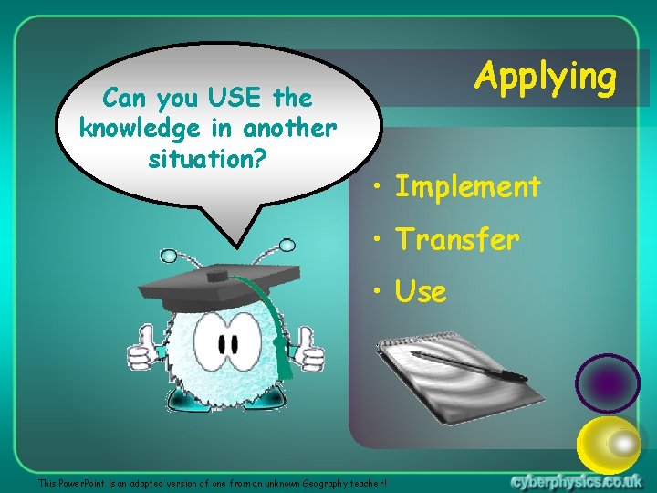 Can you USE the knowledge in another situation? Applying • Implement • Transfer •