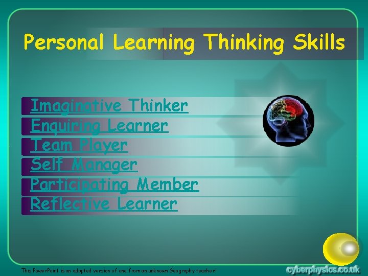 Personal Learning Thinking Skills Imaginative Thinker Enquiring Learner Team Player Self Manager Participating Member