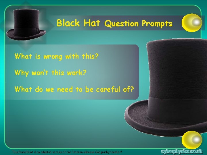 Black Hat Question Prompts What is wrong with this? Why won’t this work? What