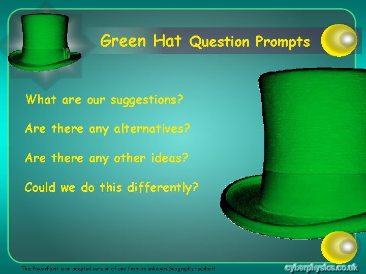 Green Hat Question Prompts What are our suggestions? Are there any alternatives? Are there