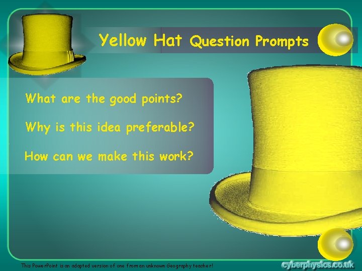 Yellow Hat Question Prompts What are the good points? Why is this idea preferable?