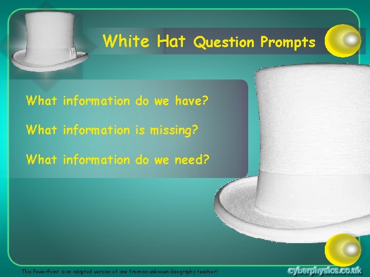 White Hat Question Prompts What information do we have? What information is missing? What