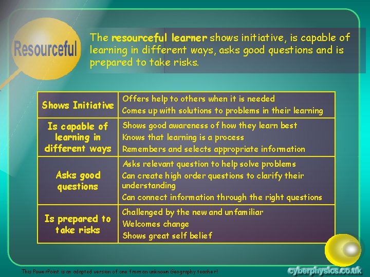 The resourceful learner shows initiative, is capable of learning in different ways, asks good