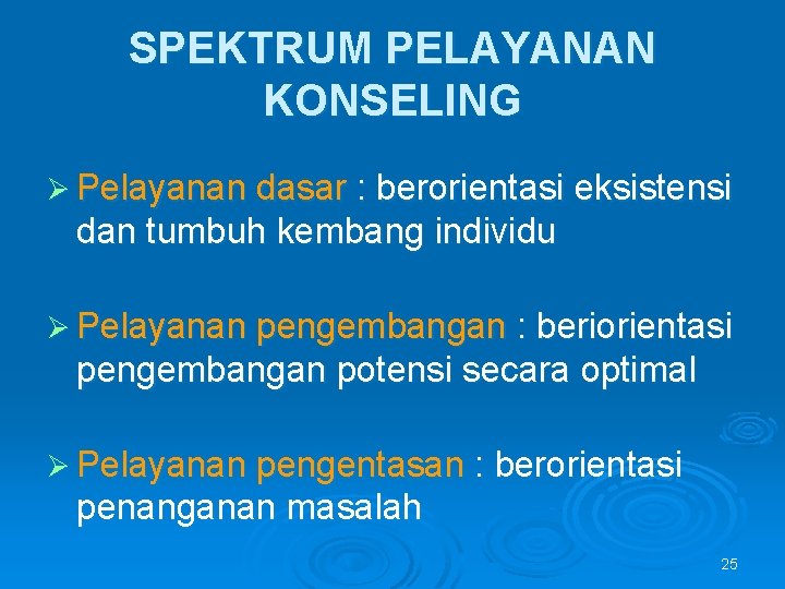 SPEKTRUM PELAYANAN KONSELING Ø Pelayanan dasar : berorientasi eksistensi dan tumbuh kembang individu Ø