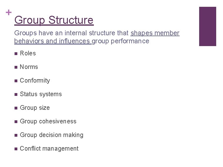+ Group Structure Groups have an internal structure that shapes member behaviors and influences + Group Structure Groups have an internal structure that shapes member behaviors and influences