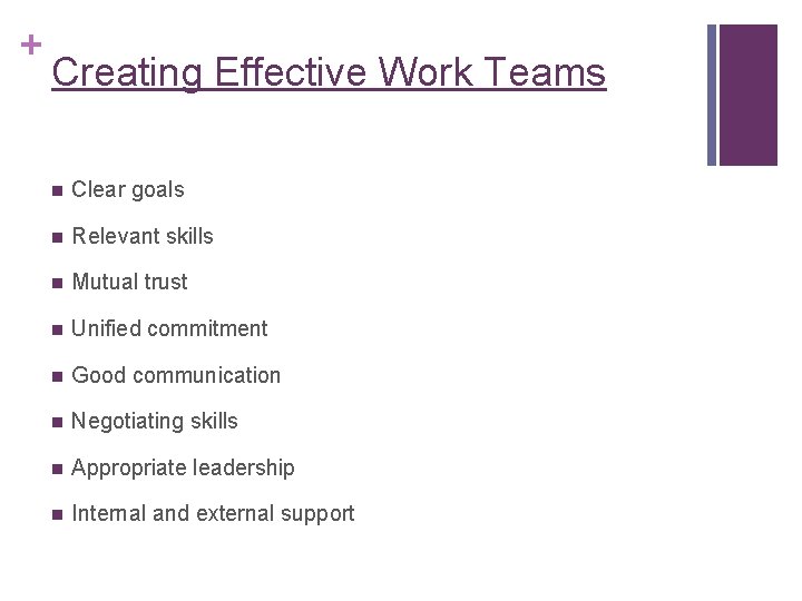 + Creating Effective Work Teams n Clear goals n Relevant skills n Mutual trust + Creating Effective Work Teams n Clear goals n Relevant skills n Mutual trust