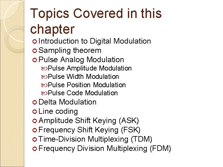 Topics Covered in this chapter Introduction to Digital Modulation Sampling theorem Pulse Analog Modulation
