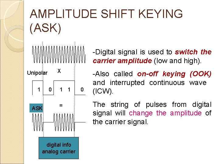 AMPLITUDE SHIFT KEYING (ASK) -Digital signal is used to switch the carrier amplitude (low