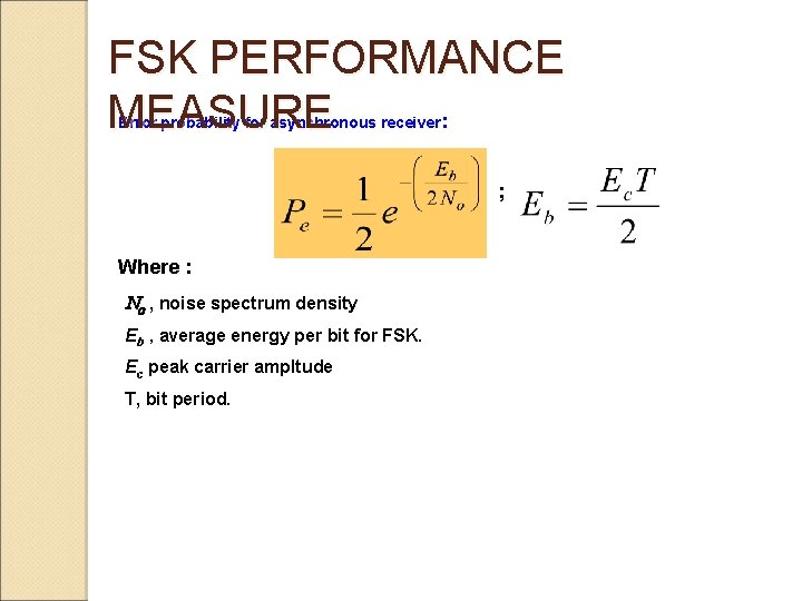 FSK PERFORMANCE MEASURE : Error probability for asynchronous receiver ; Where : No ,