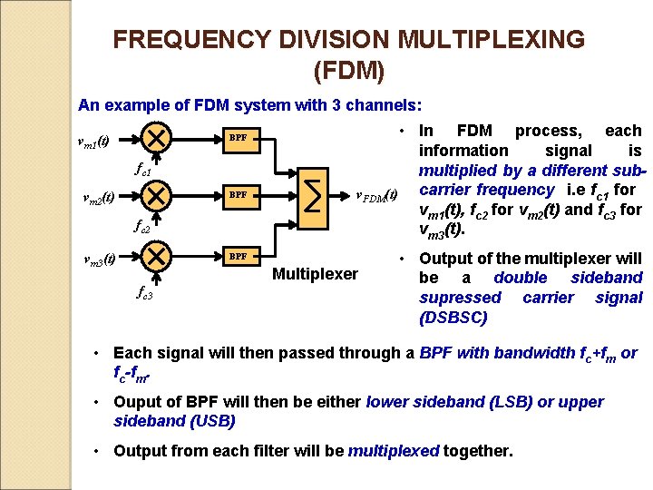 FREQUENCY DIVISION MULTIPLEXING (FDM) An example of FDM system with 3 channels: BPF vm