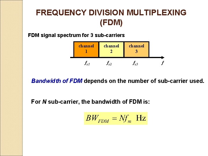 FREQUENCY DIVISION MULTIPLEXING (FDM) FDM signal spectrum for 3 sub-carriers channel 1 fc 1