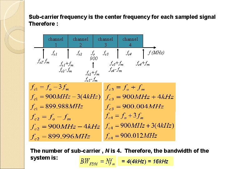 Sub-carrier frequency is the center frequency for each sampled signal Therefore : channel 1