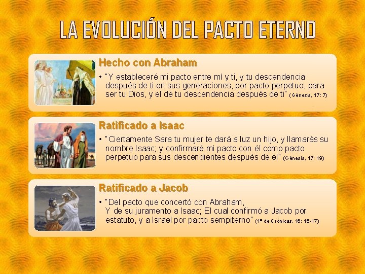 LA EVOLUCIÓN DEL PACTO ETERNO Hecho con Abraham • “Y estableceré mi pacto entre