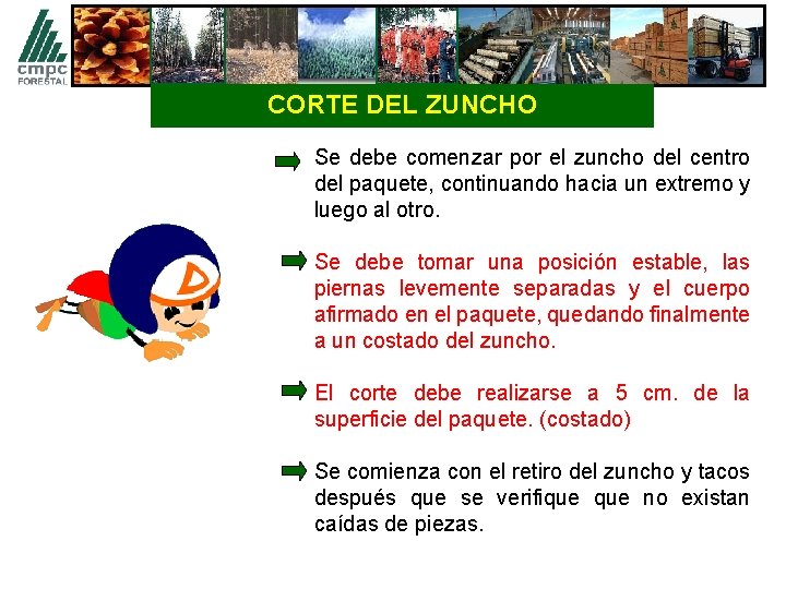CORTE DEL ZUNCHO Se debe comenzar por el zuncho del centro del paquete, continuando