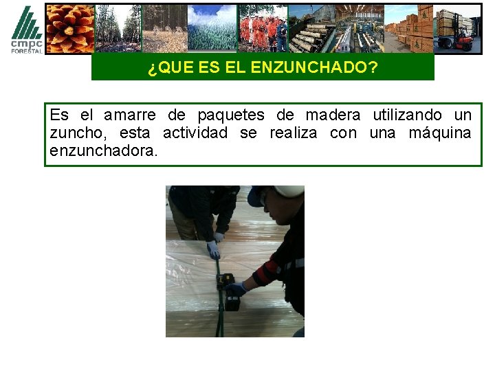 ¿QUE ES EL ENZUNCHADO? Es el amarre de paquetes de madera utilizando un zuncho,
