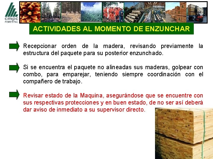 ACTIVIDADES AL MOMENTO DE ENZUNCHAR Recepcionar orden de la madera, revisando previamente la estructura