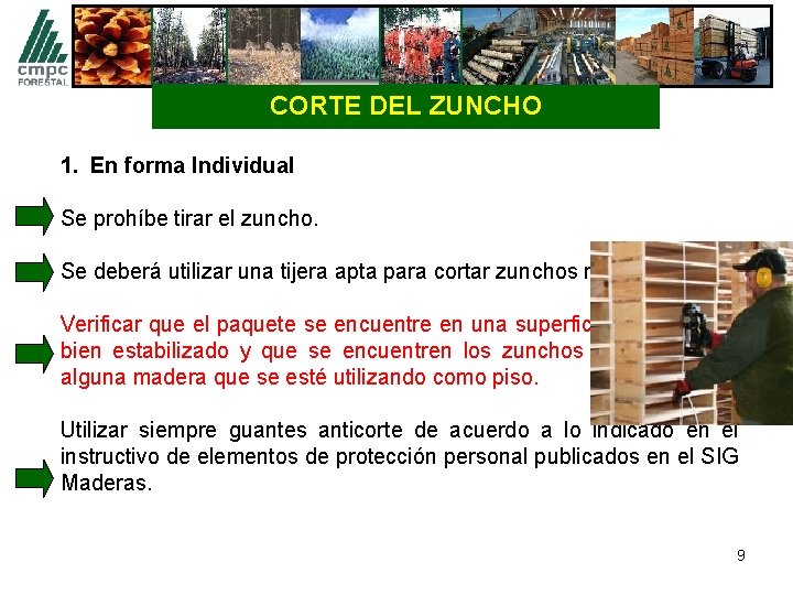 CORTE DEL ZUNCHO 1. En forma Individual Se prohíbe tirar el zuncho. Se deberá