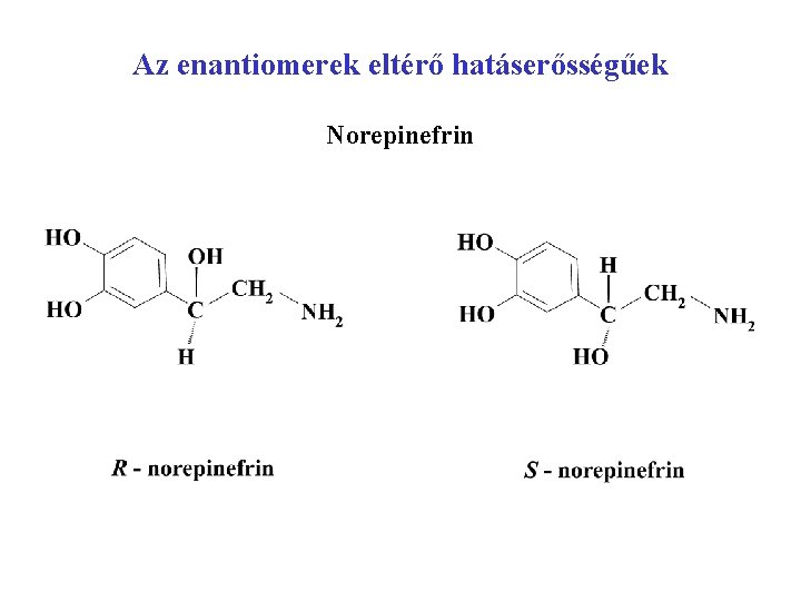 Az enantiomerek eltérő hatáserősségűek Norepinefrin 