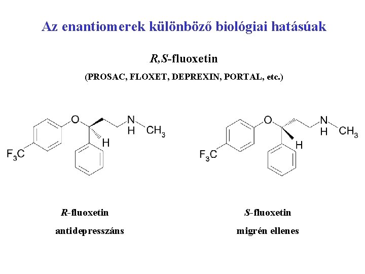 Az enantiomerek különböző biológiai hatásúak R, S-fluoxetin (PROSAC, FLOXET, DEPREXIN, PORTAL, etc. ) R-fluoxetin
